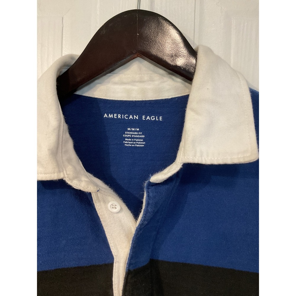American Eagle Polo Shirt Mens Medium Blue White Excellent Striped Colorblock - Picture 2 of 4
